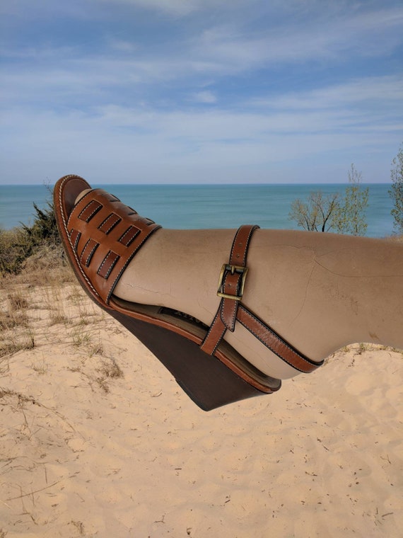 Size 6 1990s BALLY Leather Wedge Sandal Basketwea… - image 1