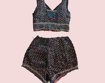 1930s Sequin Dance Costume with Provenance Crop Top and Shorts XS