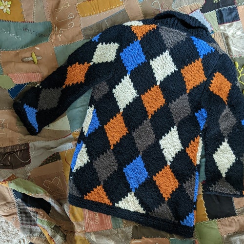 1960s Italian Harlequin Sweater Cardigan Coat - wool shops - Small