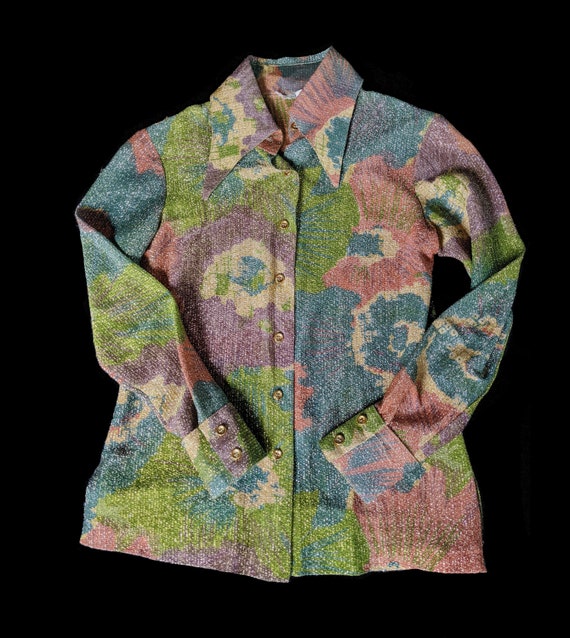 1960s 70s Floral Lurex Blouse by Youth Guild Small