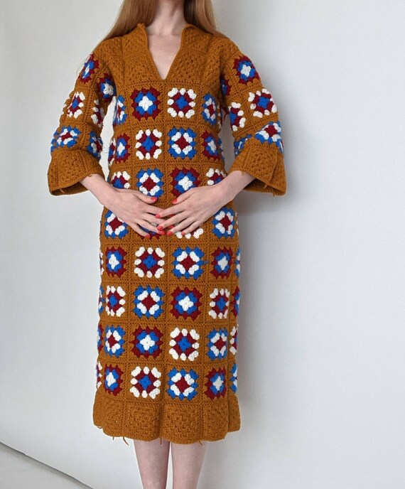 1960s 1970s Crochet Granny Square Dress - small to