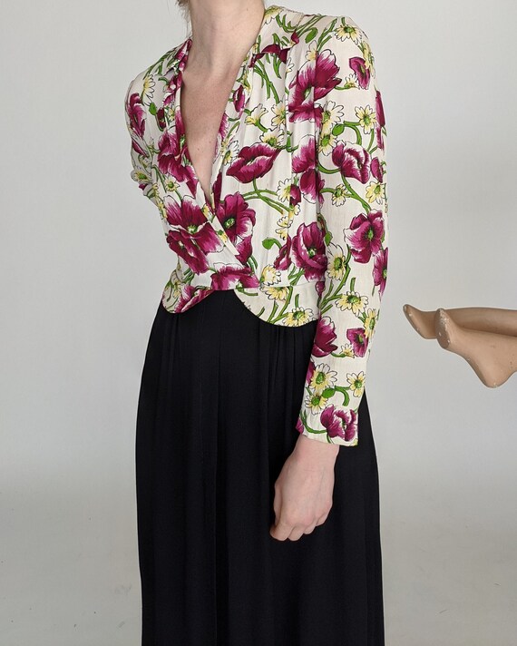 1930s - 1940s Rayon Crepe Midi Dress Wrap Front Fl