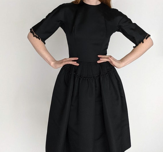 1950s Harvey Berin Black Dress Beaded Ball Tassels