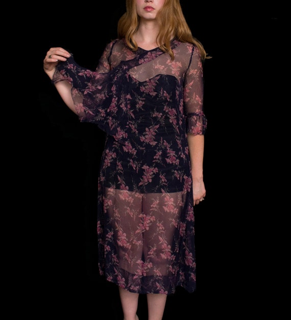 1920s sheer floral dress small - image 1