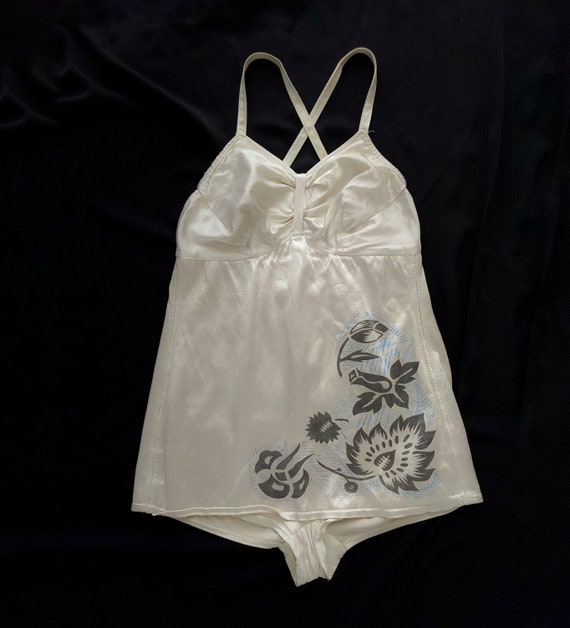 1940s Satin Swimsuit with Tropical Floral Print L/