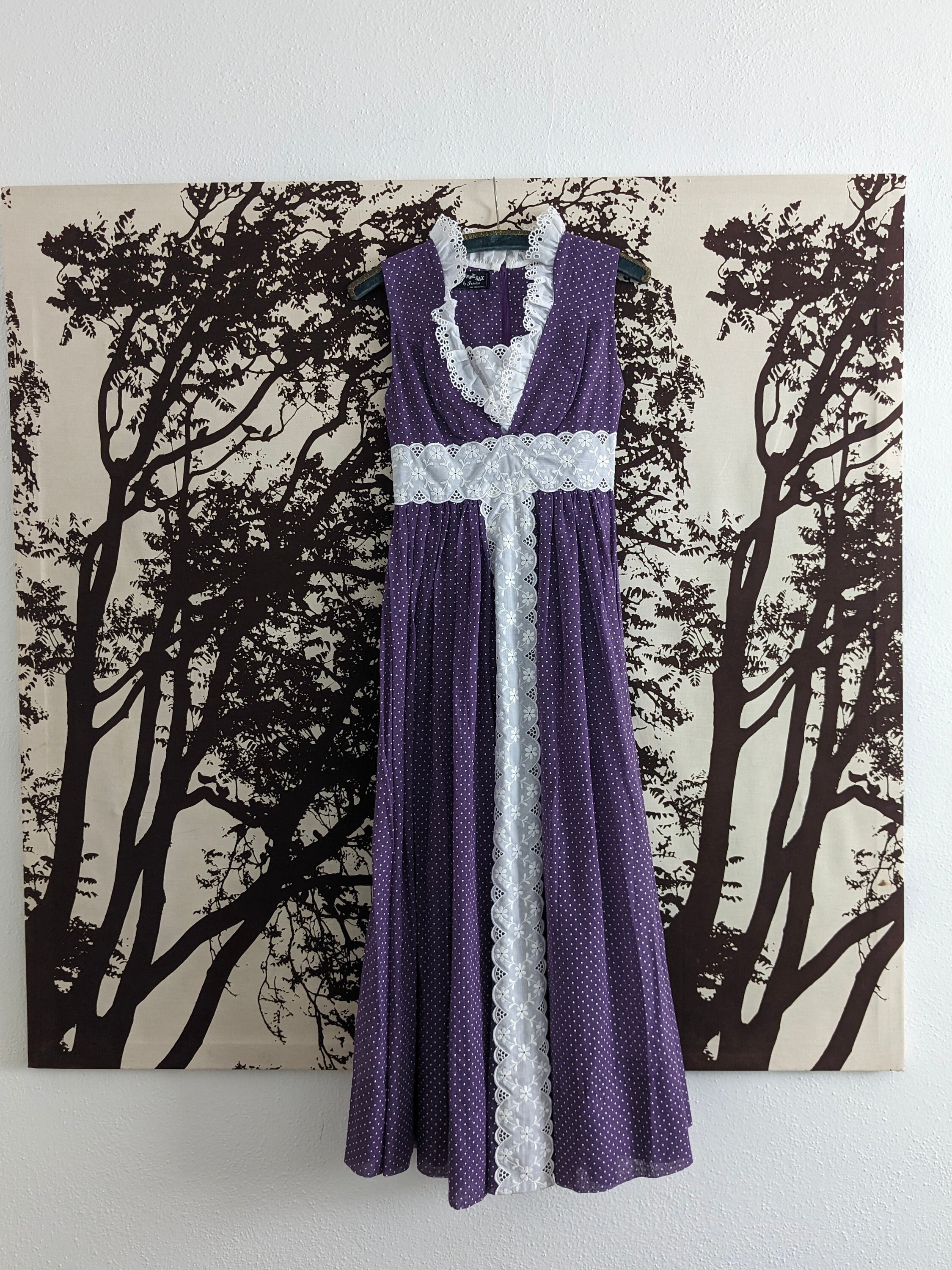 1960s Gunne Sax Black label Prairie Dress XS XXS purple swiss dot maxi dress