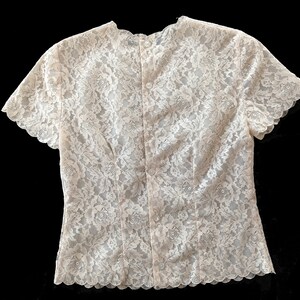 1950s Sheer Nude Lace Blouse Small Scalloped Edge Pin Up Button Back S/M image 2