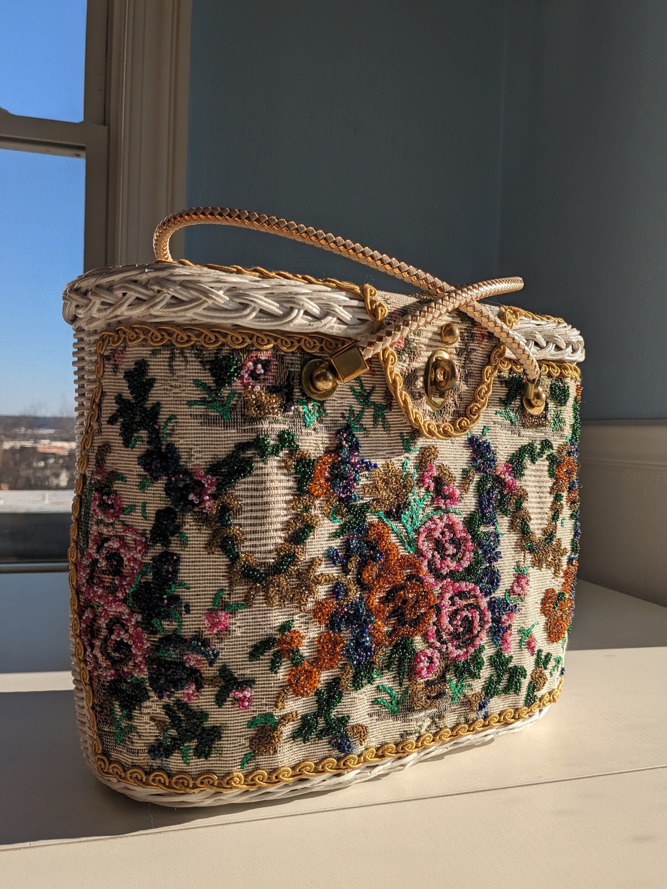 1940s 50s Pastel Beaded Evening Bag - Pearls & Embroidered Flowers