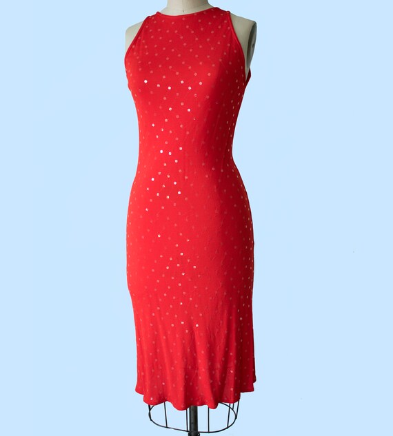1990s Gianni Versace Red Orange Sequin Body Con Dr