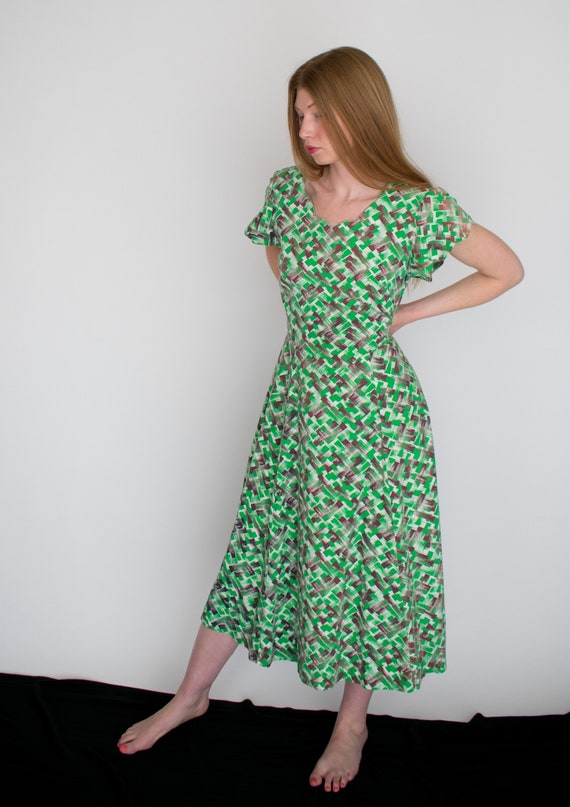 1930s 40s Cotton Brushstroke Print Day Dress -- Me