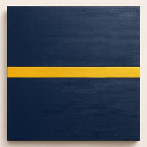 May include: Square canvas art with a textured navy blue background and a horizontal yellow stripe. The artwork is a minimalist design, featuring a bold color contrast. The canvas is mounted on a white surface.