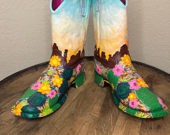 Hand-Painted Cowboy Boots | Desert Landscape Art | San Antonio Shelter Donation