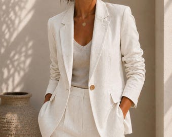 Blazer de lino blanco roto para mujer, chaqueta de oficina entallada, minimalista y elegante.