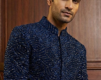 Navy Blue Indo Western Sherwani for Men | Handcrafted Wedding Outfit | Custom Made Ethnic Wear