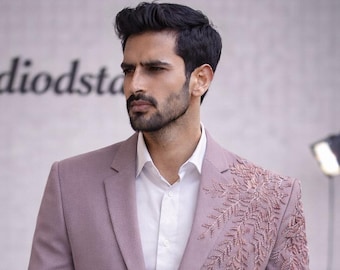 Dusty Pink Embroidered Blazer Suit – Men's Wedding Reception Party Wear