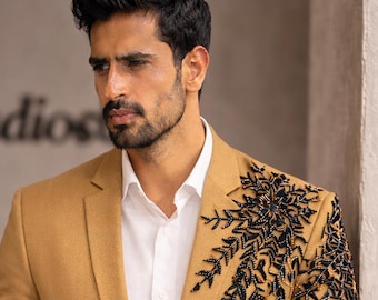 Gold Beaded Blazer Suit – Men's Embroidered Wedding Pant Set