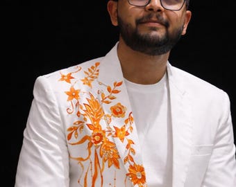 Hand Painted White Blazer with Orange Floral Art | Men's Designer Wedding Jacket