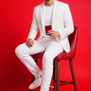 May include: A person wearing a white suit, white t-shirt, and white sneakers, seated on a red stool. The person is holding a red glass. The background is a solid red.