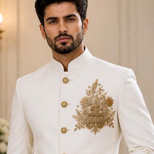 Men's White Bandhgala Suit, Embroidered Jodhpuri Wedding Groom Outfit