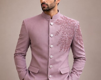 Jodhpuri Suit Men, Dusty Pink Beaded Bandhgala Wedding Outfit