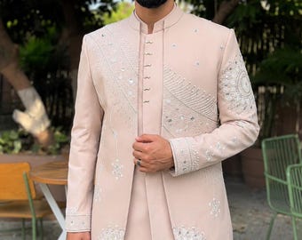 Traje de novio Bandhgala bordado, recepción con champán, boda indo-occidental a medida, ropa de lujo para hombre.