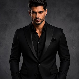May include: A black tuxedo jacket with satin lapels worn over a black button-down shirt. The jacket features two front buttons, two flap pockets, and a pocket square in the breast pocket. The ensemble is completed with a dark, solid-colored shirt.