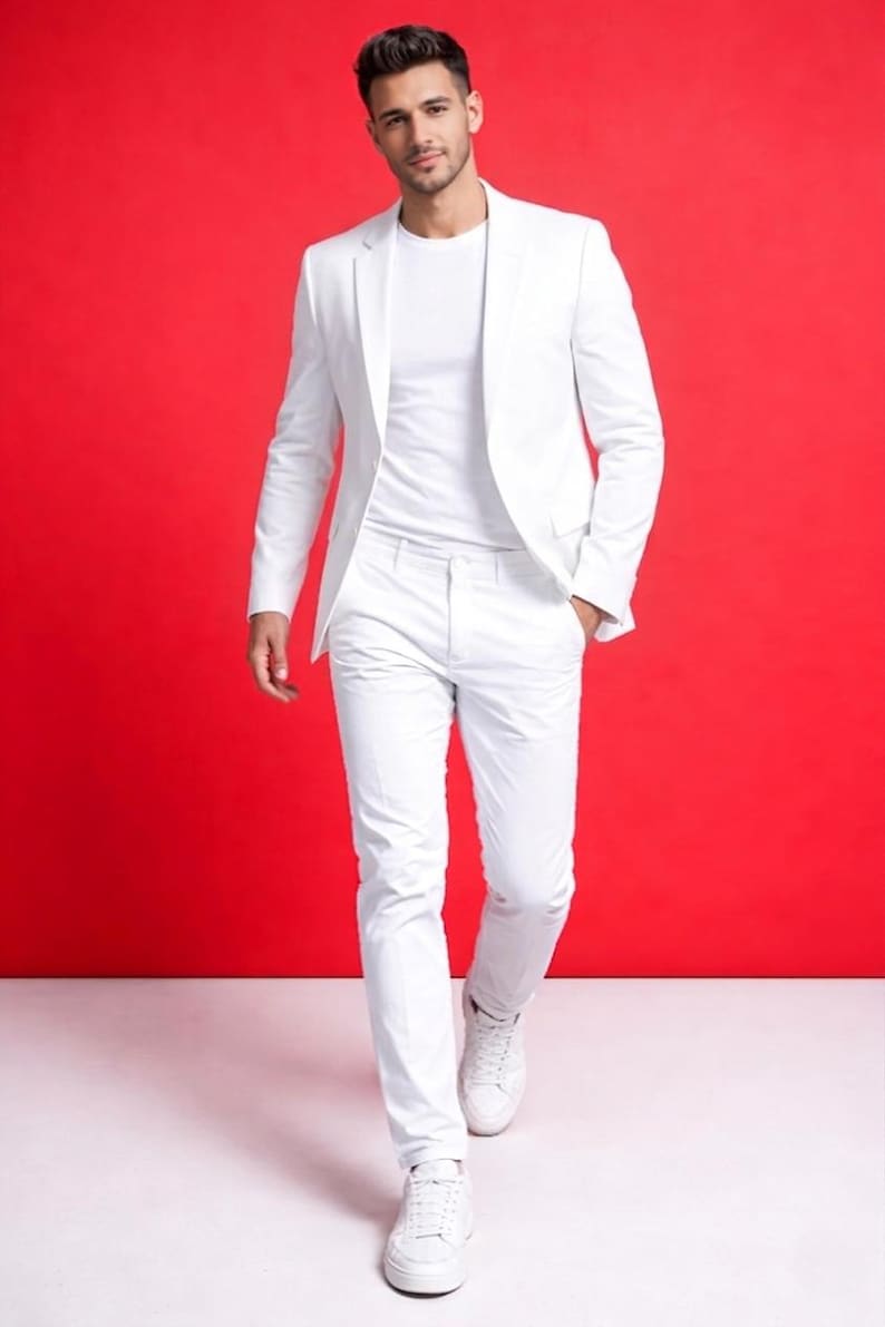 May include: A white suit, consisting of a blazer and trousers, paired with a white t-shirt and sneakers. The outfit is set against a vibrant red background, creating a striking contrast. The suit appears to be made of a smooth fabric.