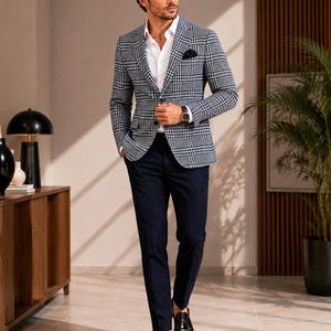 May include: A navy blue and white plaid blazer with a white dress shirt, navy blue pants, and black leather loafers. The blazer has a classic fit and a pocket square. The outfit is suitable for business or formal occasions.