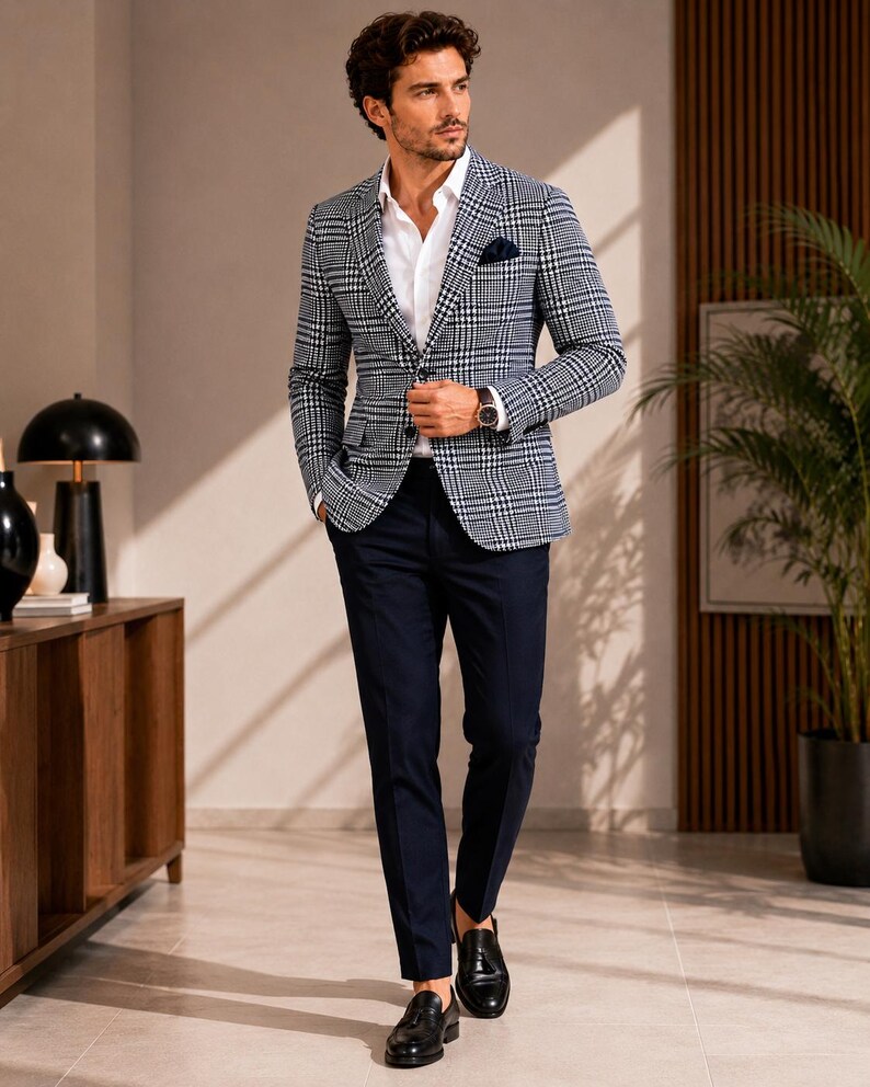 May include: A navy blue and white plaid blazer with a white dress shirt, navy blue pants, and black leather loafers. The blazer has a classic fit and a pocket square. The outfit is suitable for business or formal occasions.
