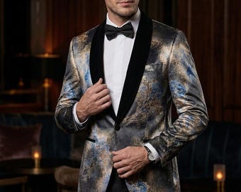 Blazer de esmoquin de lujo negro y dorado de alto brillo para hombre, chaqueta de novio de diseñador, chaqueta para cena de recepción de boda.