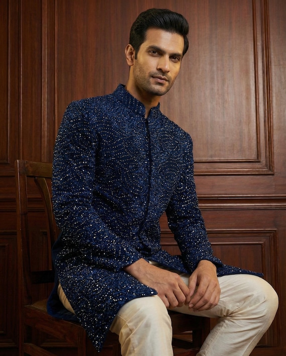 Navy Blue Indo Western Sherwani for Men | Handcrafted Wedding Outfit
