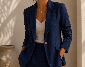 Blazer de lino azul marino para mujer, chaqueta de oficina a medida, minimalista y elegante.