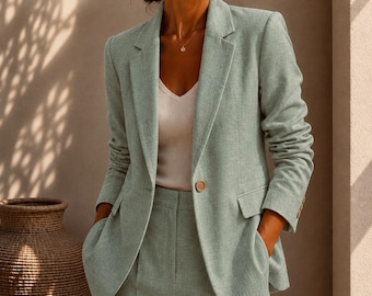 Blazer de lino verde salvia para mujer, chaqueta de oficina a medida, minimalista y elegante.