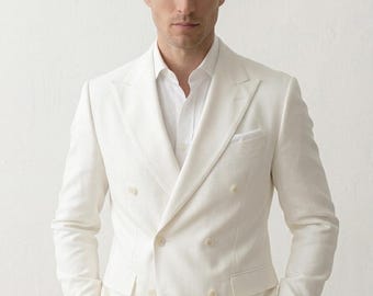 Blazer cruzado color blanco roto para hombre, chaqueta de novio para recepción de boda, formal y a medida.