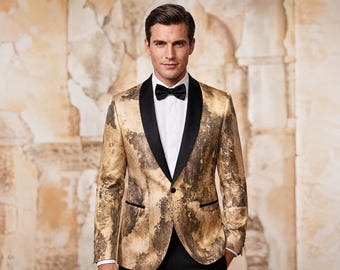 Chaqueta de esmoquin dorada con estampado floral para hombre, blazer de lujo para bodas, solapa de chal negra.