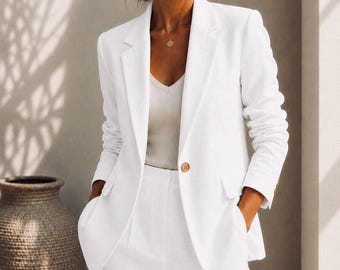 Blazer de lino blanco para mujer, chaqueta de oficina a medida, minimalista y elegante.