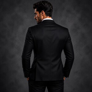 May include: A black suit jacket with a white shirt collar visible at the neckline. The jacket features long sleeves, a structured back panel with a center vent, and a tailored fit. The garment is shown from the back, with hands in pockets.