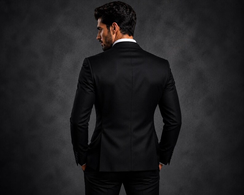 May include: A black suit jacket with a white shirt collar visible at the neckline. The jacket features long sleeves, a structured back panel with a center vent, and a tailored fit. The garment is shown from the back, with hands in pockets.