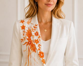 Blazer de mujer pintado a mano, blanco, floral, chaqueta de boda, lentejuelas, piedra, recepción nupcial personalizada