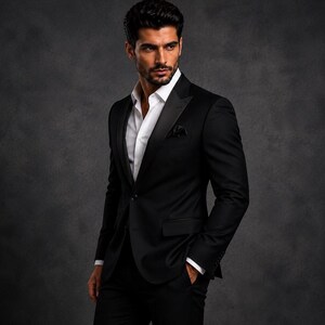 May include: A black tuxedo jacket with satin lapels worn over a crisp white button-down shirt. The jacket features a single button closure, flap pockets, and a small black pocket square tucked into the chest pocket, creating a formal ensemble.