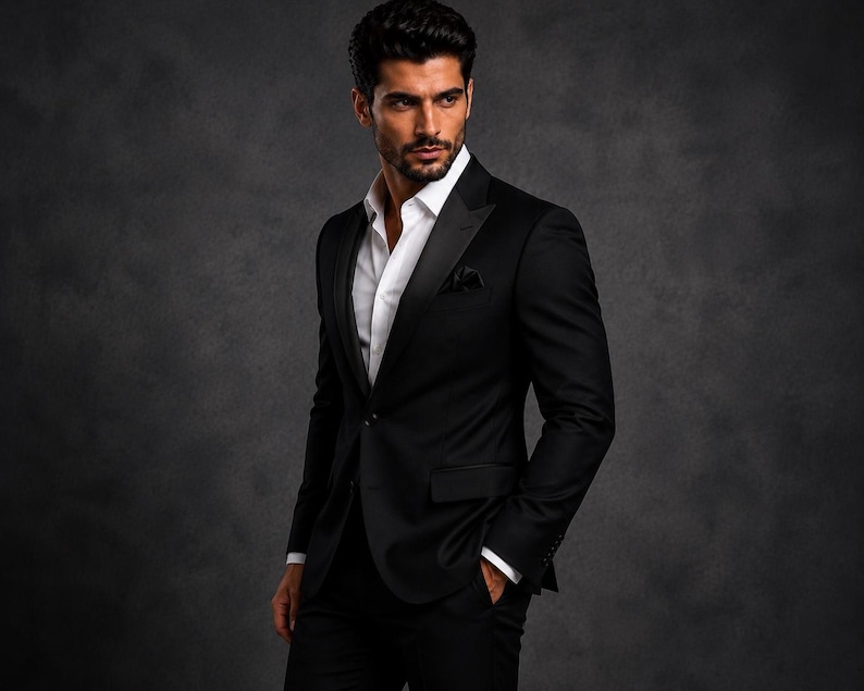 May include: A black tuxedo jacket with satin lapels worn over a crisp white button-down shirt. The jacket features a single button closure, flap pockets, and a small black pocket square tucked into the chest pocket, creating a formal ensemble.
