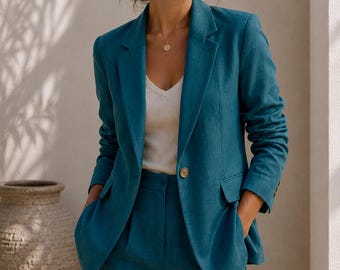 Blazer de lino verde azulado para mujer, chaqueta de oficina a medida, minimalista y elegante.