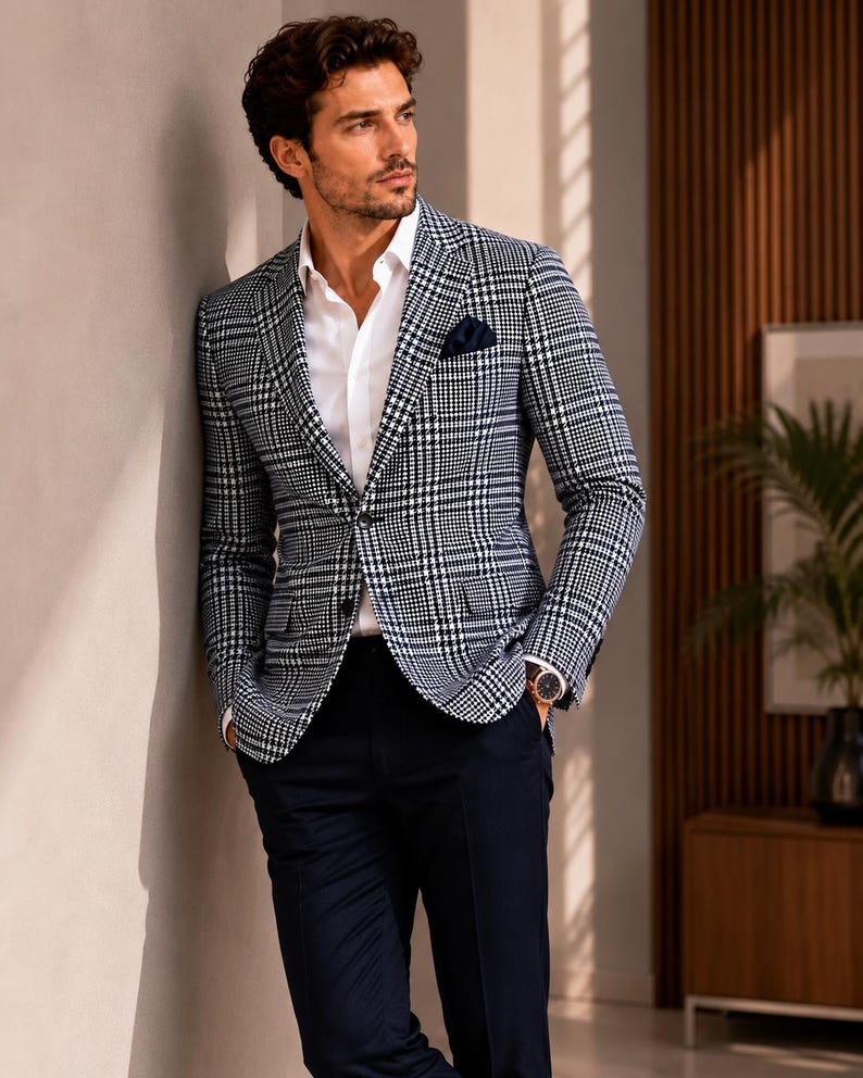May include: A black and white plaid blazer with a white dress shirt and navy blue pants. The blazer has a classic pattern and a pocket square. A watch is visible on the wrist. The outfit is a stylish ensemble.