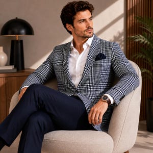 May include: A navy and white checkered blazer with a white dress shirt and navy blue pants. The blazer has a pocket square and is paired with a brown leather watch. The person is seated in a beige armchair.
