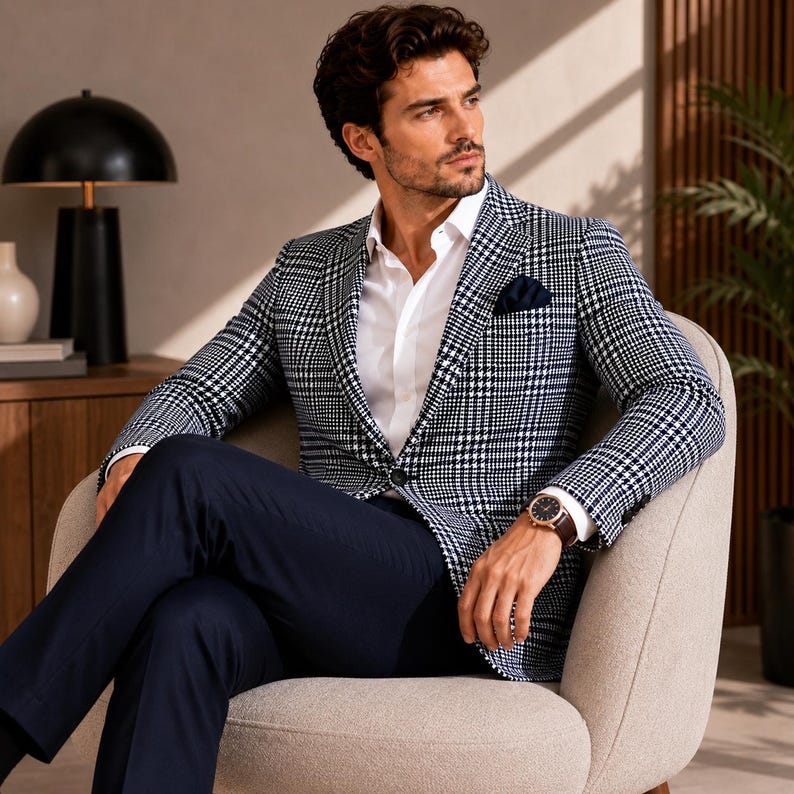 May include: A navy and white checkered blazer with a white dress shirt and navy blue pants. The blazer has a pocket square and is paired with a brown leather watch. The person is seated in a beige armchair.