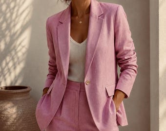 Blazer de lino rosa empolvado para mujer, chaqueta de oficina a medida, minimalista y elegante.