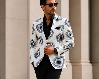 Men's White Abstract Print Statement Blazer, Designer Prom Party Jacket
