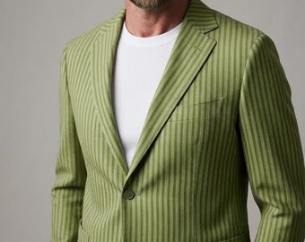 Blazer de lino verde salvia a rayas para hombre, chaqueta deportiva de verano a medida para bodas.