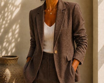 Blazer de lino marrón chocolate para mujer, chaqueta de oficina a medida, minimalista y elegante.