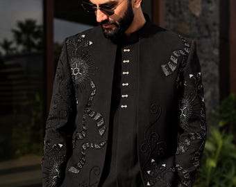 Chaqueta de novio de lujo negra Bandhgala para recepción, adornada, formal, a medida, para bodas, ropa de caballero